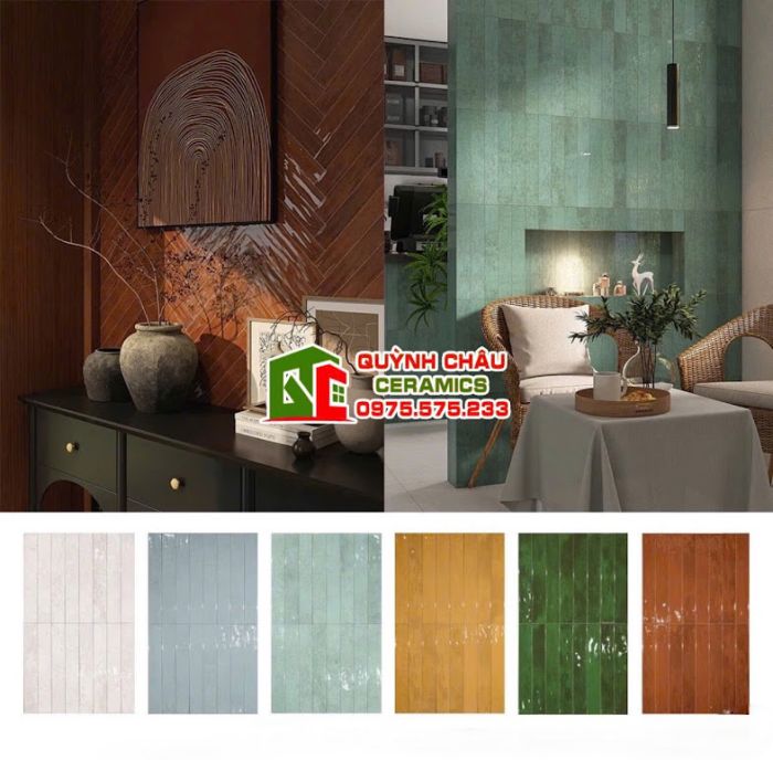 Gạch thẻ trang trí 6x40cm nâu đỏ bóng gợn sóng