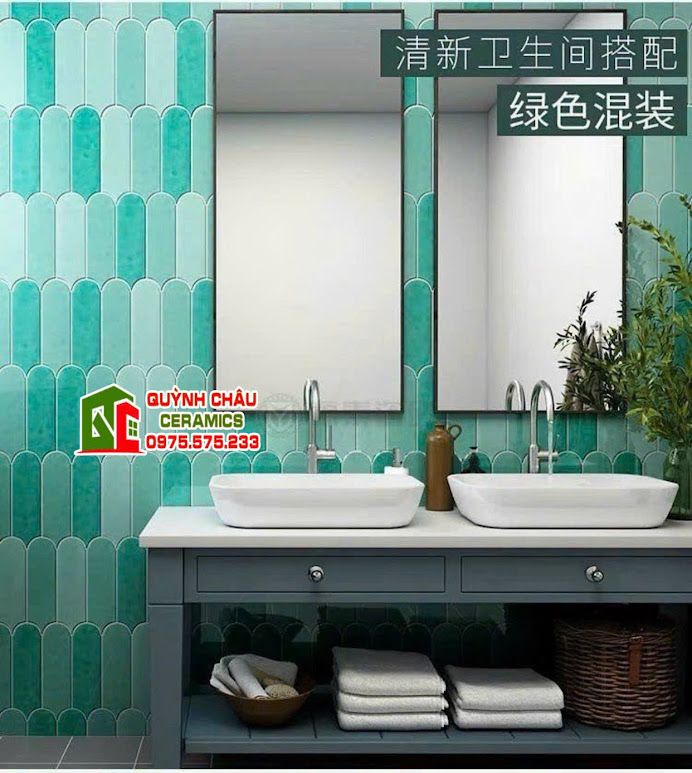 Gạch thẻ lông vũ màu xanh mint gợn sóng