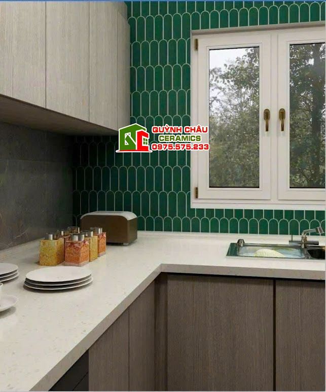 Gạch thẻ lông vũ gợn sóng màu xanh lá đậm