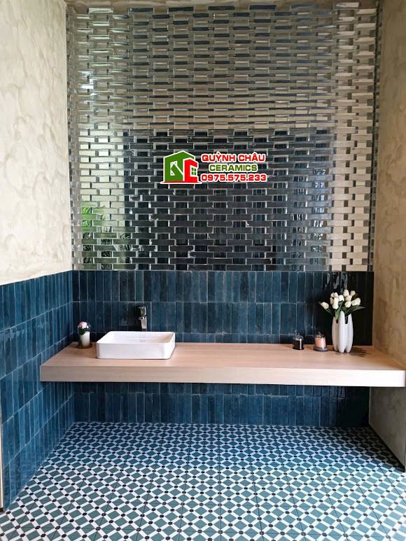Gạch thẻ 6x24cm gợn sóng màu xanh dương hiệu ứng