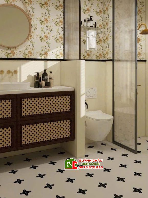 Gạch bông 30x30 giả cổ hoa đen màu kem trắng ngà