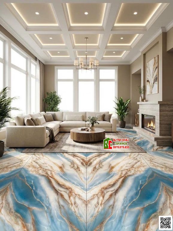 Mẫu gạch ốp lát 80x160 vân đối xứng xanh dương xen vàng ngọc đẹp