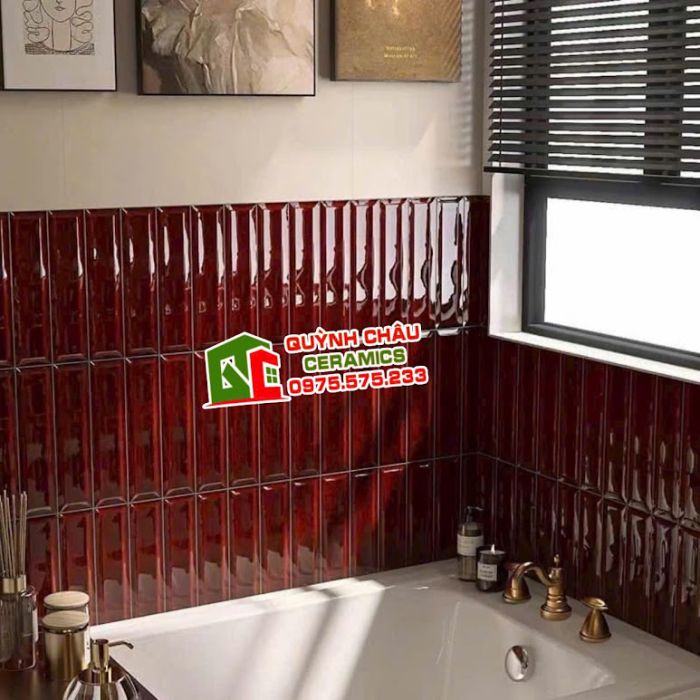 Gạch thẻ trang trí 6.8x28 màu đỏ bóng vát cạnh