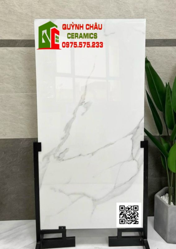 Gạch lát nền ấn độ 600x1200 trắng vân xám siêu bóng
