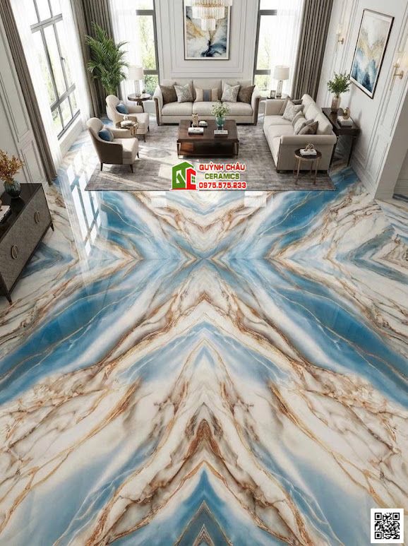 Mẫu gạch ốp lát 80x160 vân đối xứng xanh dương xen vàng ngọc đẹp