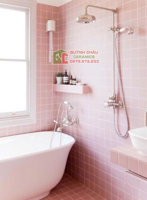 Gạch mosaic vỉ 10x10 thẻ chip màu hồng mờ