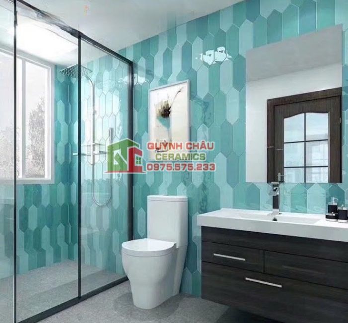 Gạch thẻ mũi tên men rạn màu xanh ngọc
