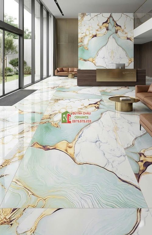 Gạch ấn độ 60x120 bóng kính vân đá xanh mint vàng kim