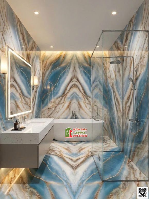 Mẫu gạch ốp lát 80x160 vân đối xứng xanh dương xen vàng ngọc đẹp