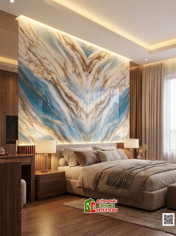 Mẫu gạch ốp lát 80x160 vân đối xứng xanh dương xen vàng ngọc đẹp