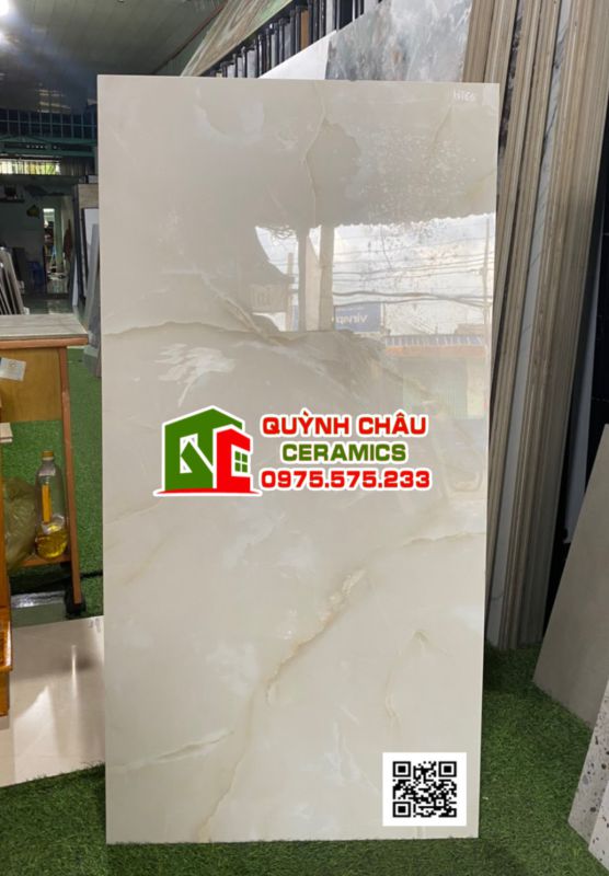Gạch lát nền ấn độ 60x120 màu kem vân đá Onyx Crema Glossy