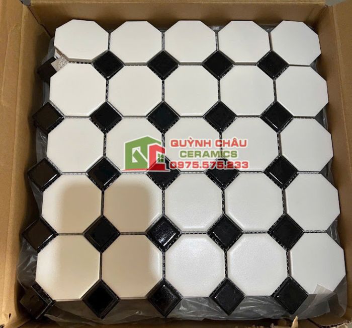 Gạch trang trí mosaic vỉ bát giác đen trắng mờ
