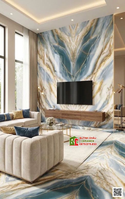 Mẫu gạch ốp lát 80x160 vân đối xứng xanh dương xen vàng ngọc đẹp