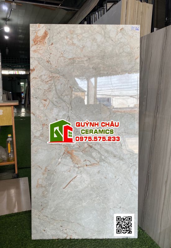 Gạch lát nền 60x120 ấn độ màu xám vân đá rạn điểm màu cam Luxiana Grey bề mặt bóng