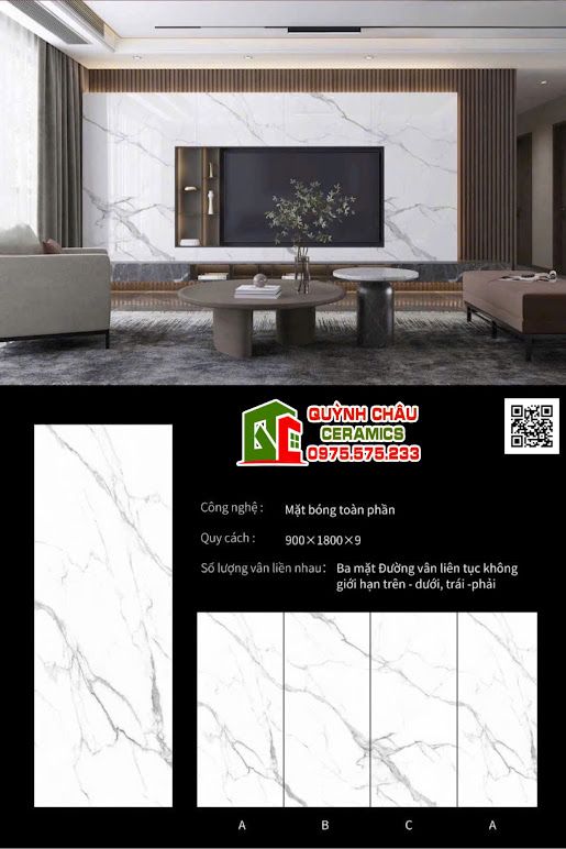 Đá nung kết trắng vân mây 90x180cm bóng kiếng