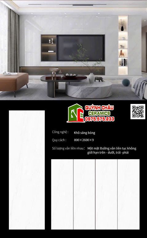 Gạch 80x260 bóng trắng vân nhẹ đá nung kết