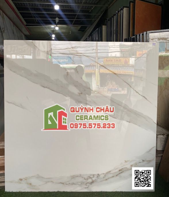 Gạch ấn độ 120x120 màu trắng vân marble vệt xám lớn bề mặt bóng