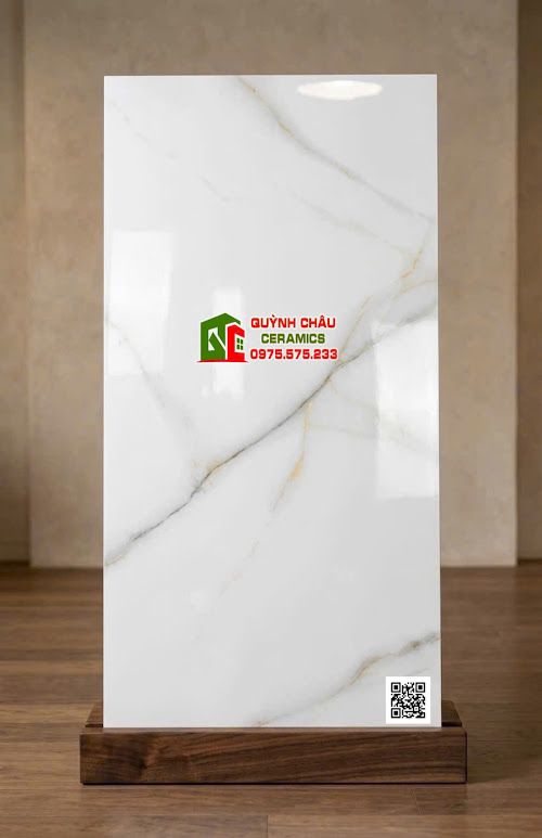 Gạch ấn độ 60x120 trắng vân vàng xám bóng kính