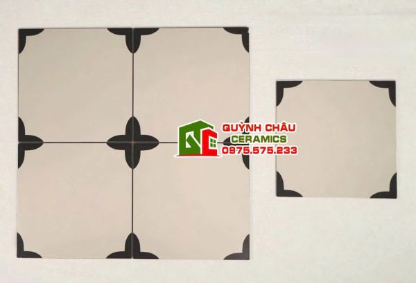 Gạch bông 30x30 giả cổ hoa đen màu kem trắng ngà