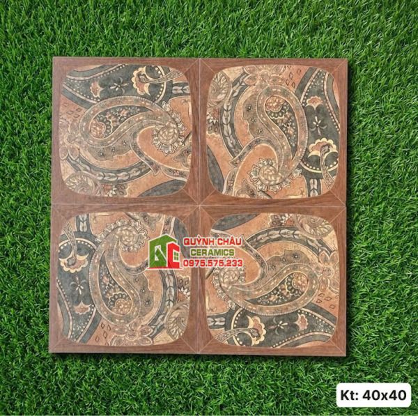 Gạch bông ốp lát 40x40 hoạ tiết Paisley viền khung gỗ cổ điển