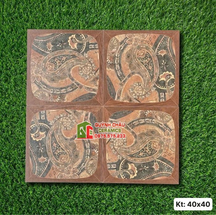Gạch bông ốp lát 40x40 hoạ tiết Paisley viền khung gỗ cổ điển