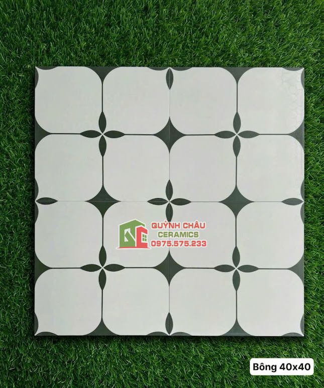 Gạch bông trắng hoa văn xanh 40x40cm