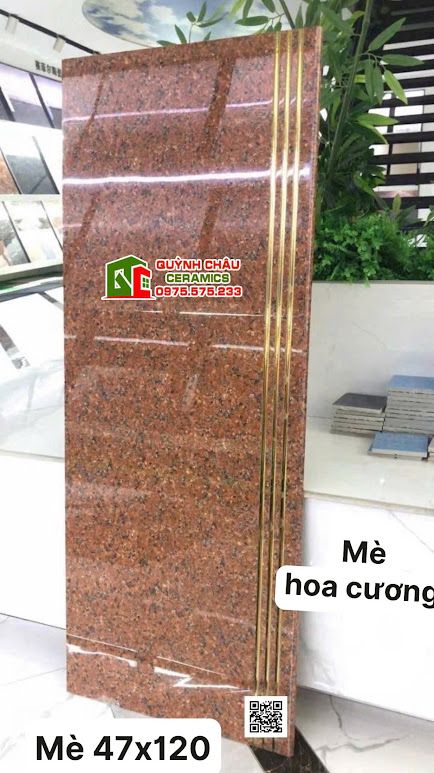 Gạch cầu thang tam cấp đỏ hoa cương nhũ vàng 47x120cm