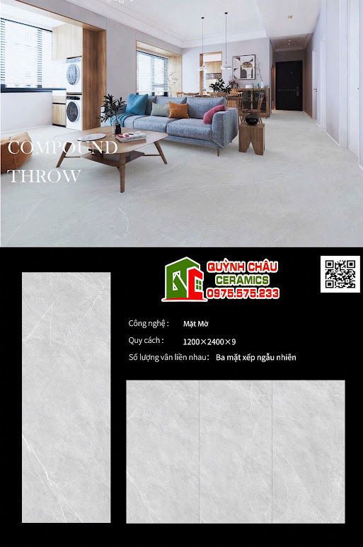Gạch lát nền đá nung kết 120x240 xám mờ vân trắng