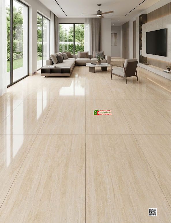 Gạch Travertine màu kem 60x120 đá granite bóng kiếng cao cấp