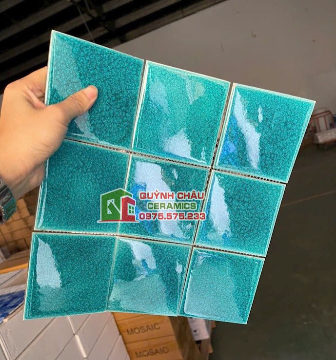 Gạch mosaic 10x10 xanh bóng men rạn cao cấp