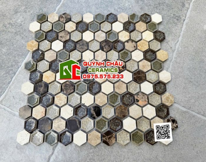 Gạch mosaic lục giác nâu vàng xám màu hỗn hợp