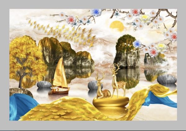 Gạch tranh chủ đề thuyền buồm hươu vàng