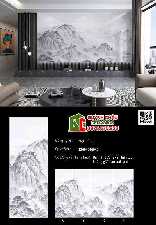 Gạch tranh đá nung kết 120x240 phong cảnh ngũ nhạc độc tôn