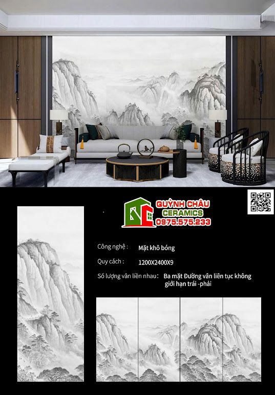 Gạch tranh đá nung kết 120x240 phong cảnh thuỷ mộc thanh hoa