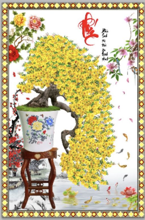Tranh 3D chậu hoa mai đẹp kính phủ kim tuyến
