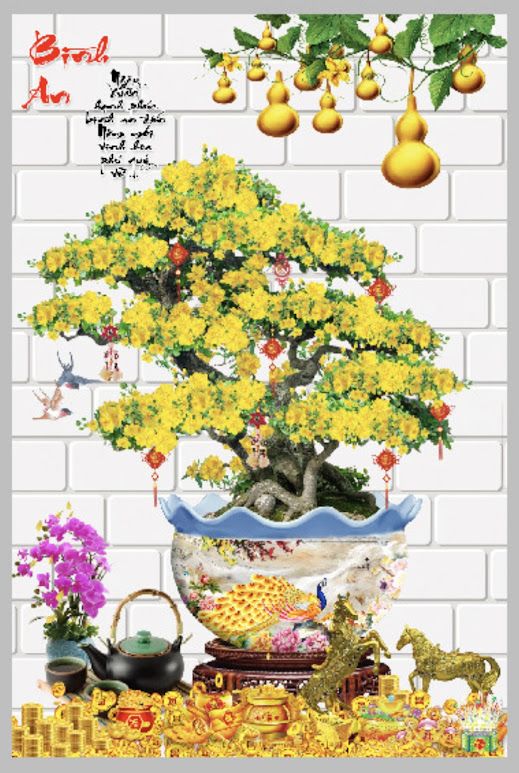 Tranh kính cường lực chậu hoa mai bình an