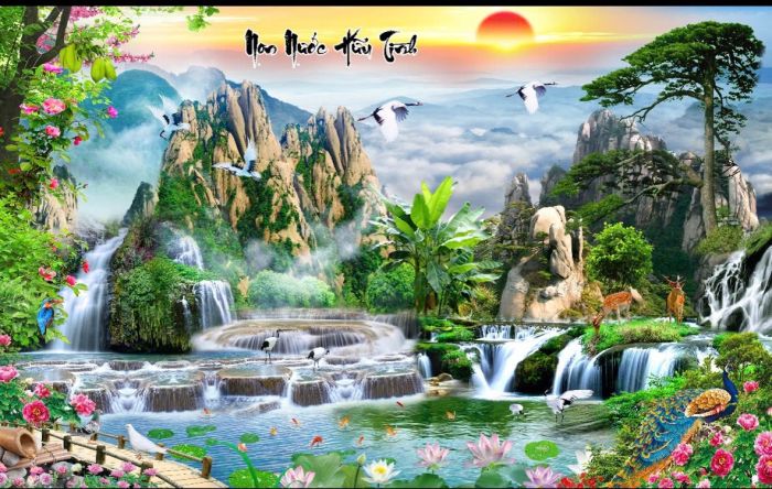 Tranh kính phong cảnh non nước hữu tình kim tuyến