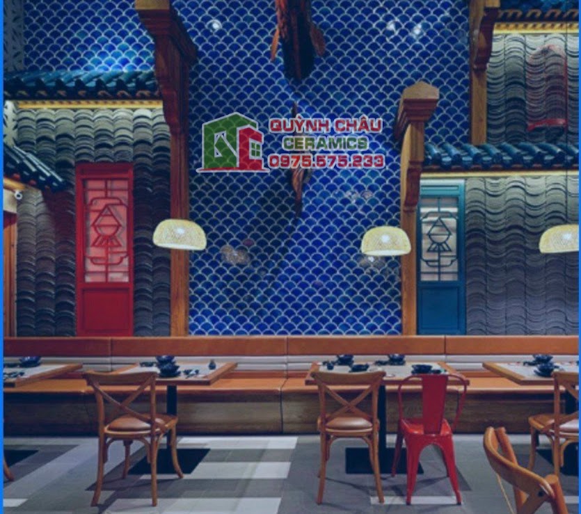 gạch mosaic vảy cá màu xanh dương men rạn