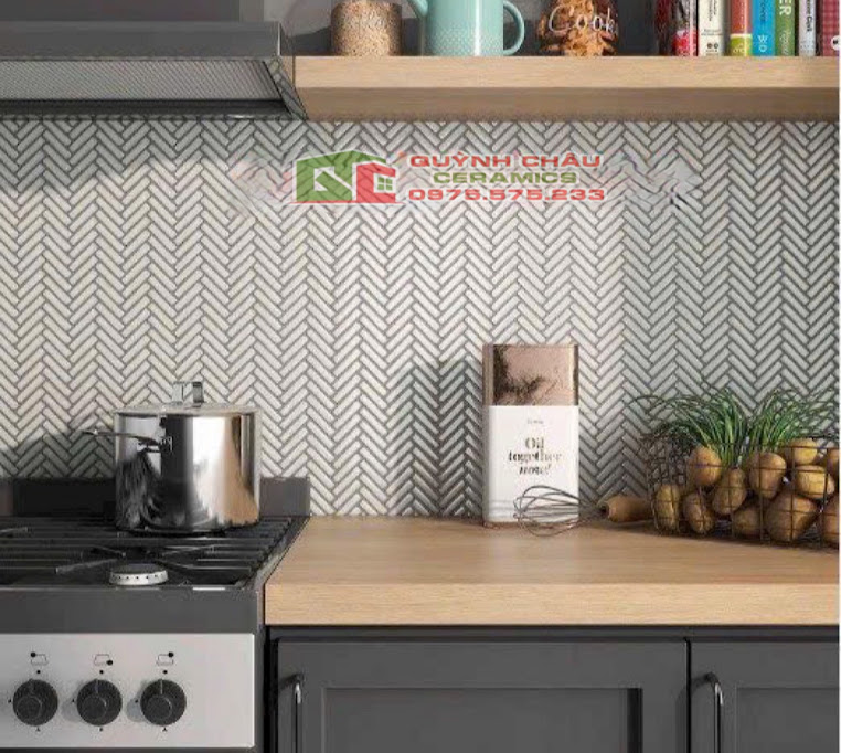 gạch mosaic men bóng màu trắng hình xương cá