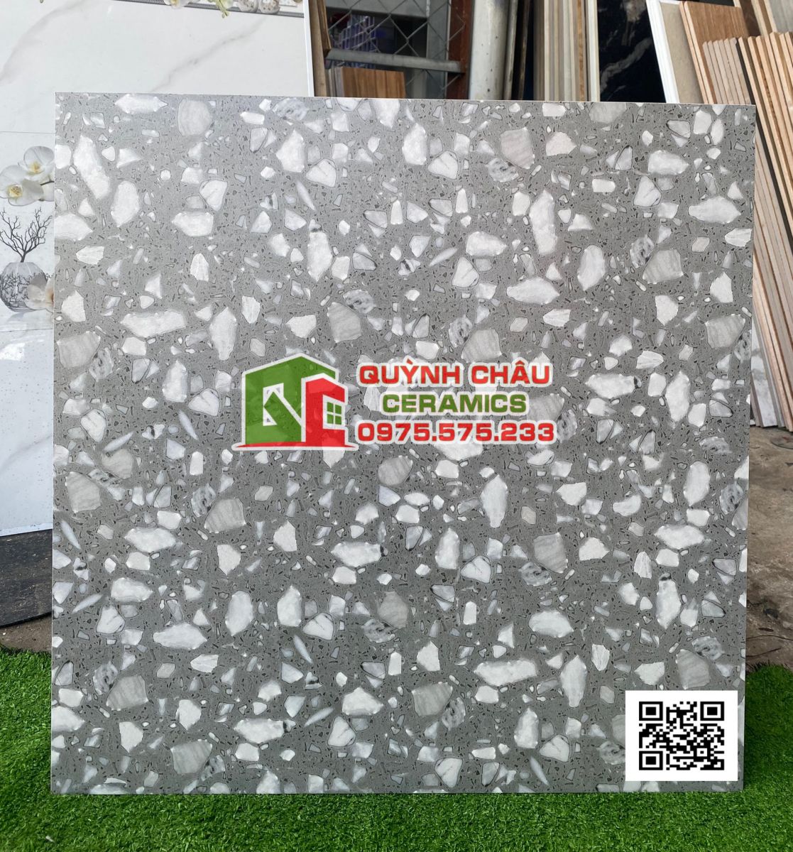 Gạch 600x600 terrazzo hạt đá trắng lót sàn