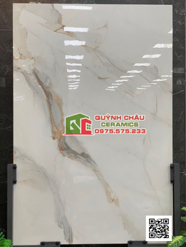 Gạch ốp lát 120x180 màu trắng vân đá xám vàng Golden White bề mặt siêu bóng ấn độ