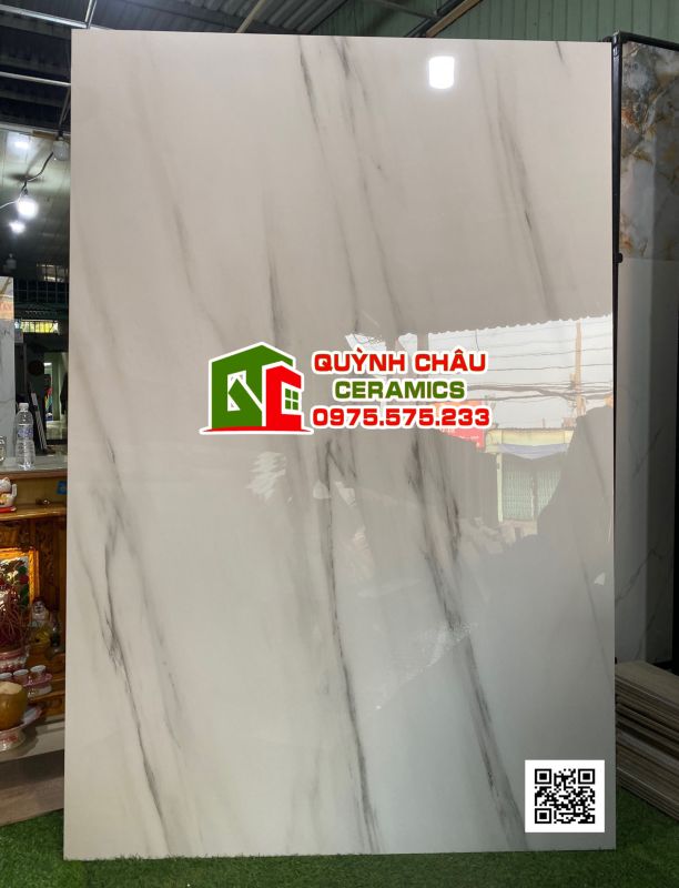 Gạch khổ lớn ấn độ nhập khẩu 120x180 màu trắng vân khói Satvario Smoke bóng kiếng