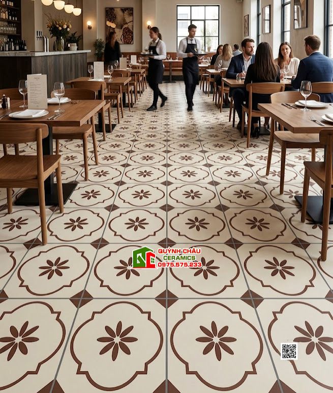 Gạch bông 40x40 màu trắng kem kết hợp họa tiết nâu đất