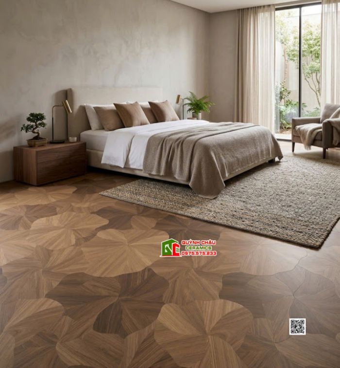 Gạch hoa văn lá sen màu nâu gỗ 60x120cm