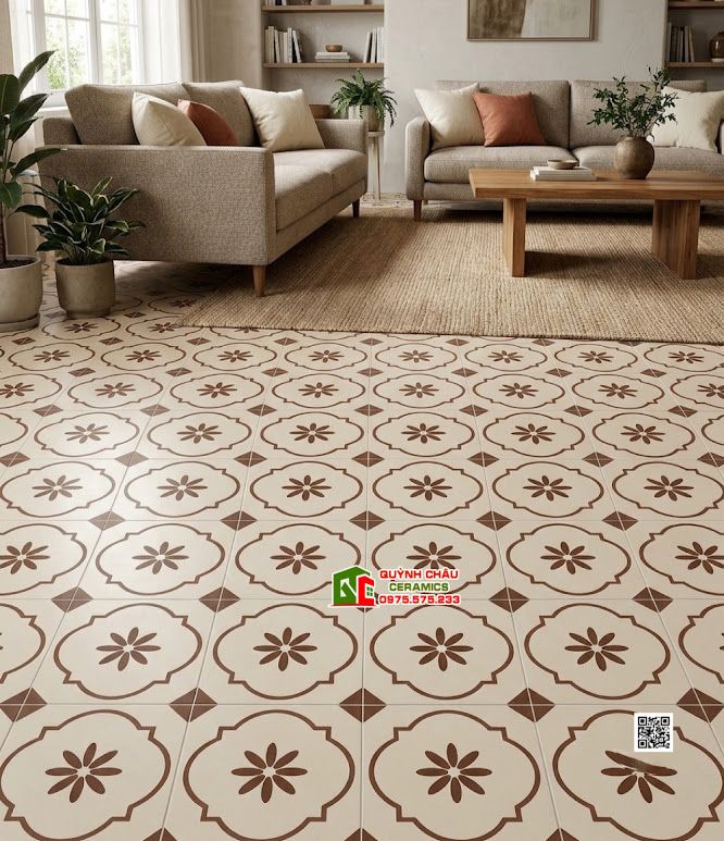Gạch bông 40x40 màu trắng kem kết hợp họa tiết nâu đất