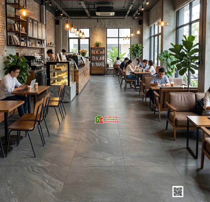 Gạch 80x80 bề mặt mờ hiệu ứng Lappato màu xám đậm