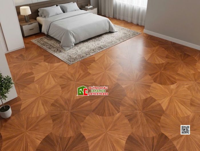 Gạch họa tiết lá sen màu gỗ lát phòng thờ 60x120cm