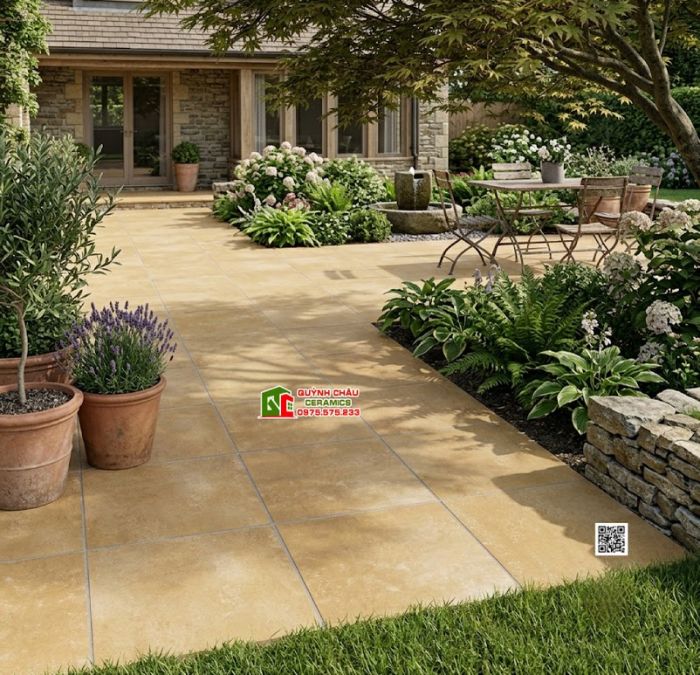 Gạch 40x40 mờ hiệu ứng loang màu vàng đất