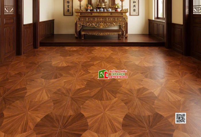 Gạch họa tiết lá sen màu gỗ lát phòng thờ 60x120cm