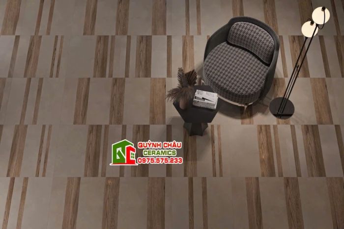 Gạch 60x60 vân gỗ mix màu xám xi măng              